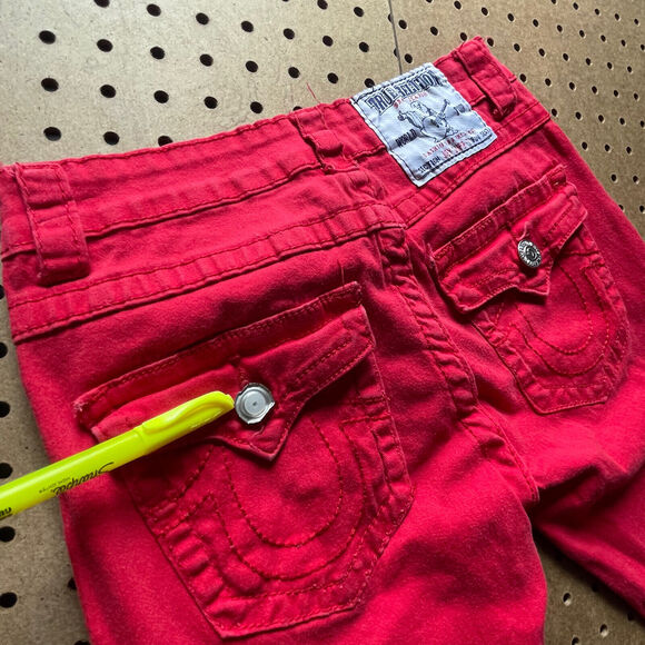 True Religion Joey Super T Stitch Jeans Womens Size 28x29 Red Skinny USA Made - Picture 11 of 13